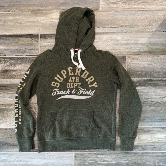 Superdry Track and Field Pullover Hoodie Army Green Metallic Print Warm Wear - Picture 6 of 6